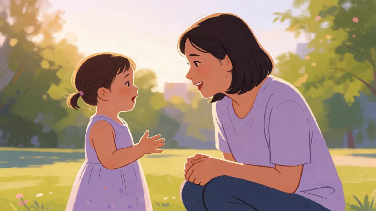 A mother crouched to her toddler daughter's eye level at an outdoor gathering, both mid-conversation in warm afternoon light