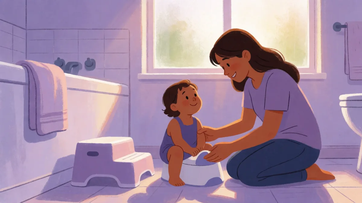 A mother watching her toddler daughter play on the bathroom floor near a small potty chair, warm morning light