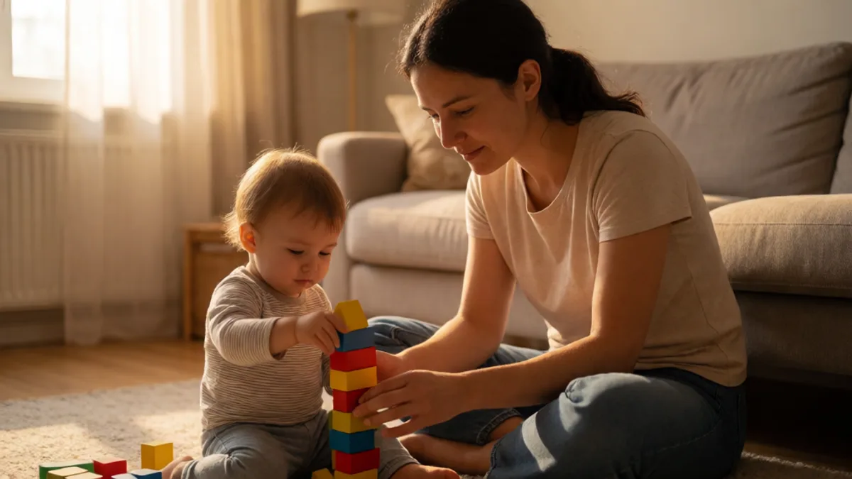 A calm mother watching her toddler play with wooden blocks at home